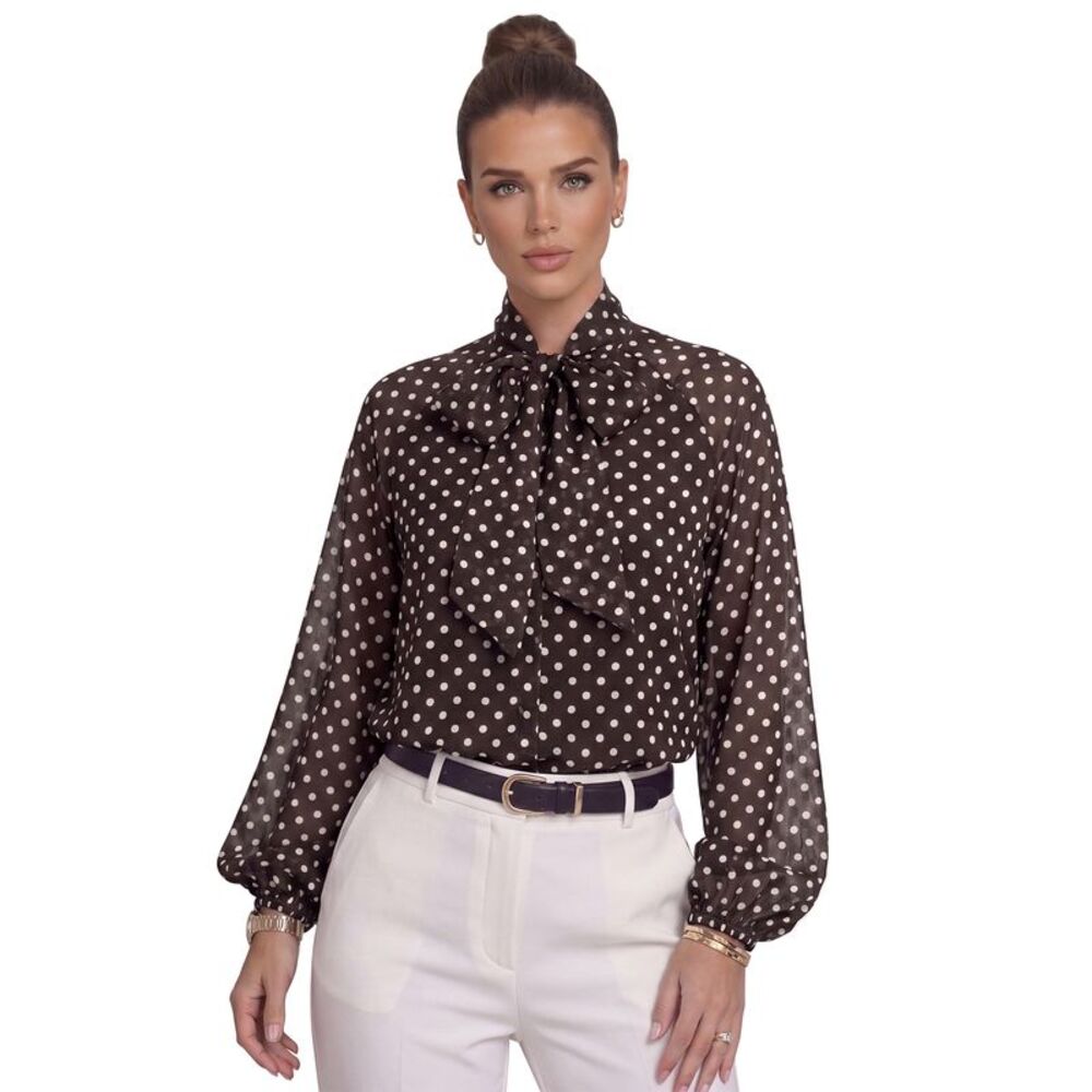 Women's Polka Dot Chiffon Blouse Neck Puff Oversized Flowy Vintage Top Brown